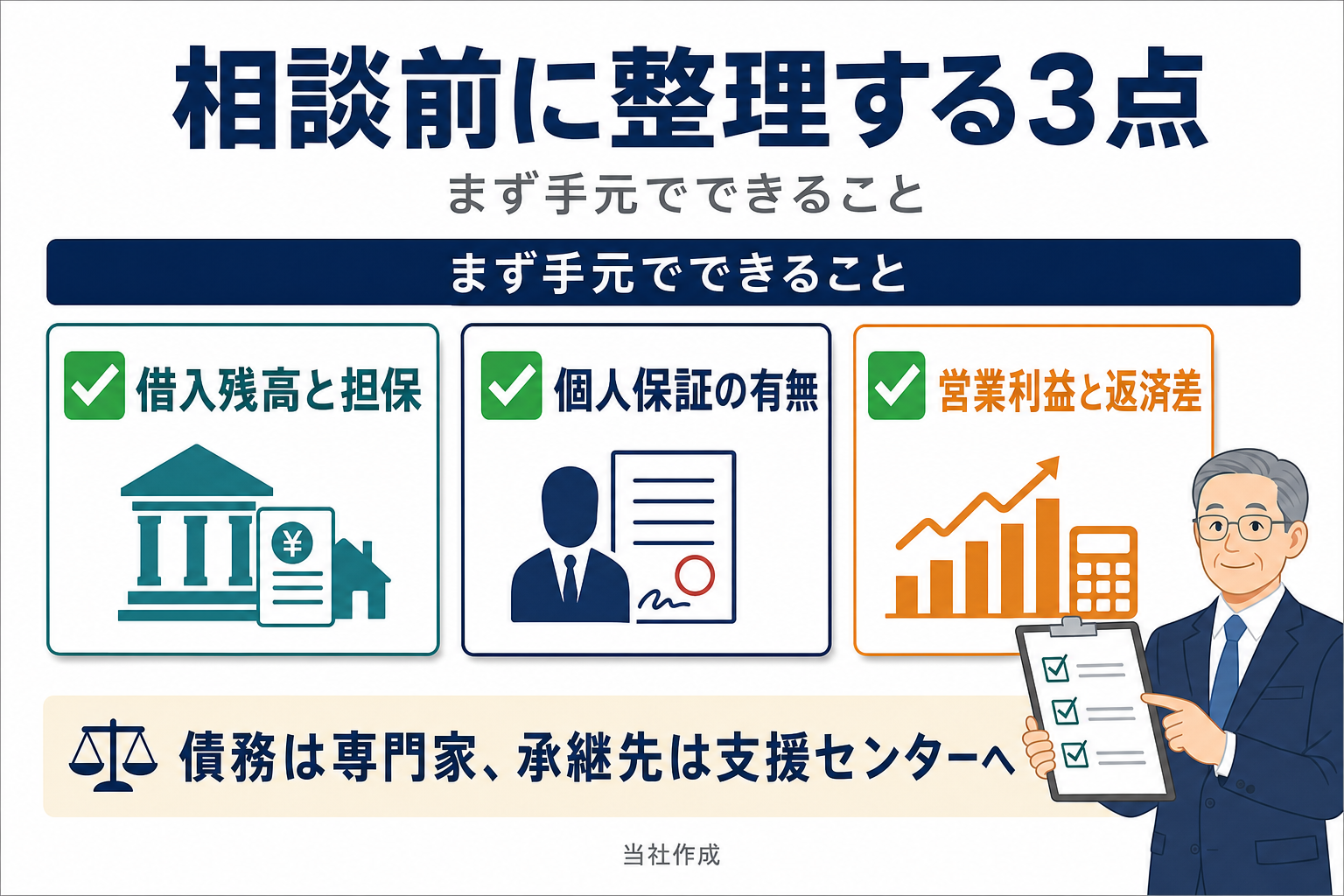 相談前に整理しておく3点（借入残高と担保・個人保証の有無・営業利益と返済差）を示すチェックリスト図