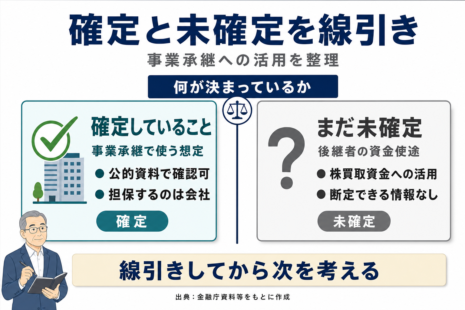 企業価値担保権について確定していることと、まだ断定できないことを左右で対比するBefore-After図